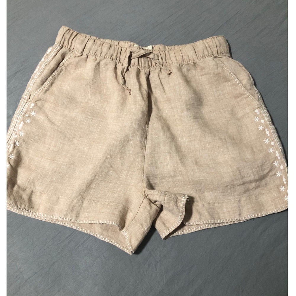 Cynthia Rowley 100% Linen Embroidered Shorts Tan Beige Boho Elastic Waist Medium